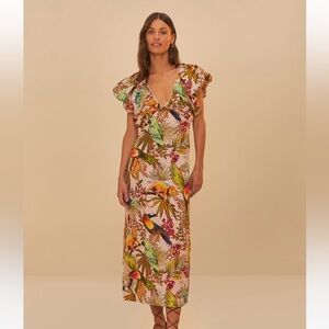 NWT Farm Rio Into The Jungle Premium Linen Midi Dress Pink XS